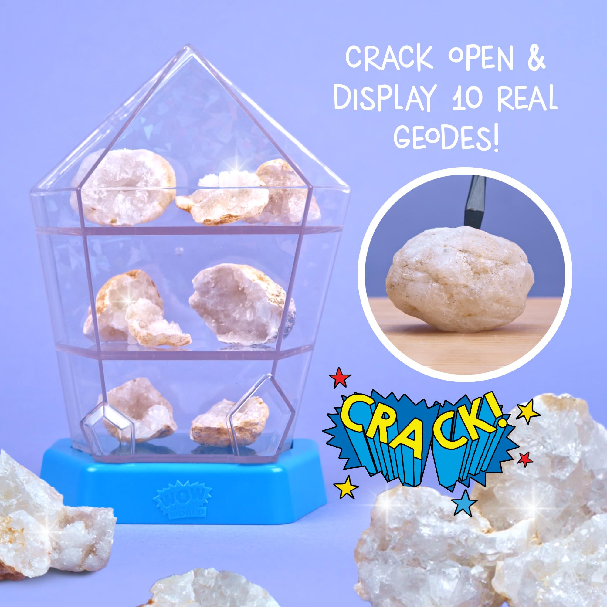 Wondery Kids Wow in the World geodes being cracked open for hands-on discovery.