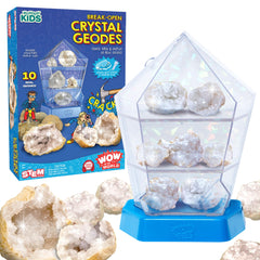 Wondery Kids Wow in the World geodes displayed in an iridescent case for classroom-style showcasing.
