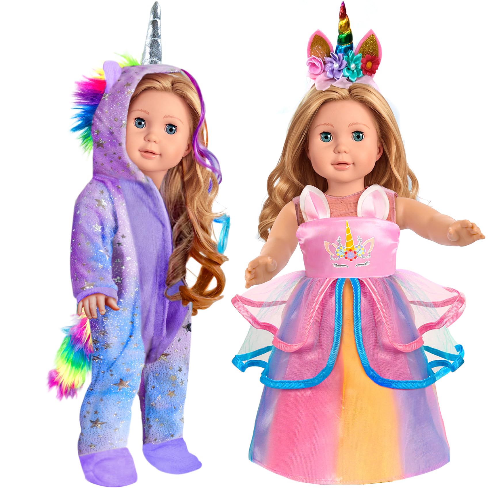 WONDOLL 18-inch doll unicorn pajamas with wings for imaginative play.
