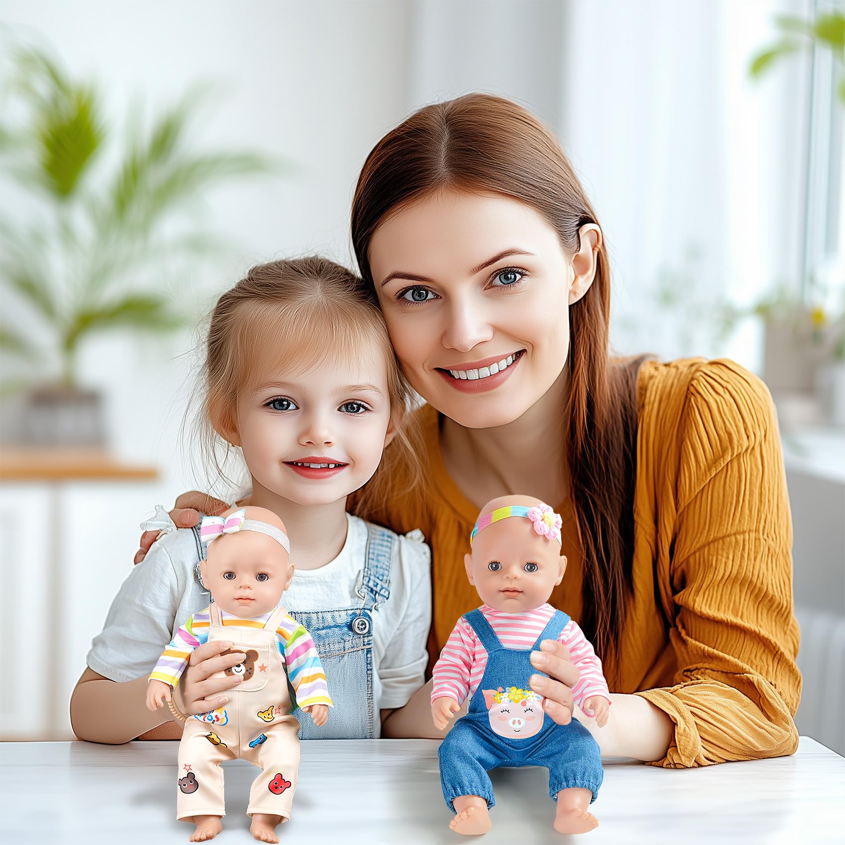 Six outfits with hair accessories for varied dress-up sessions.