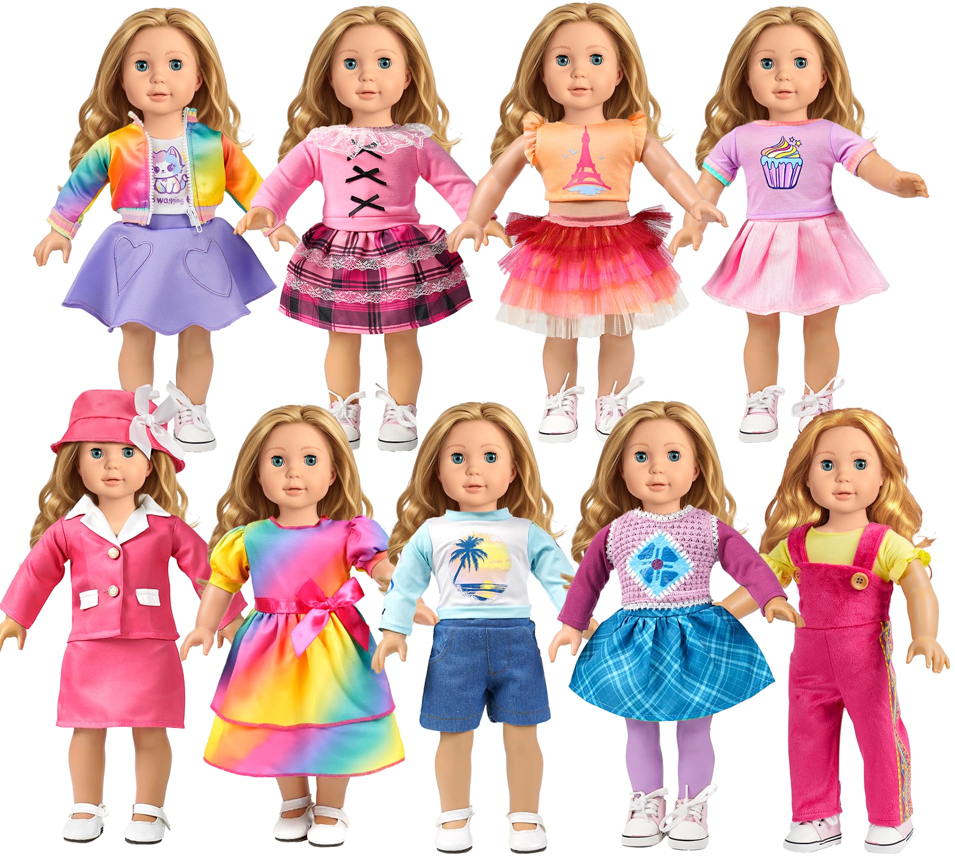 WONDOLL 9-piece doll wardrobe for 18-inch dolls, perfect for daily dress-up play.