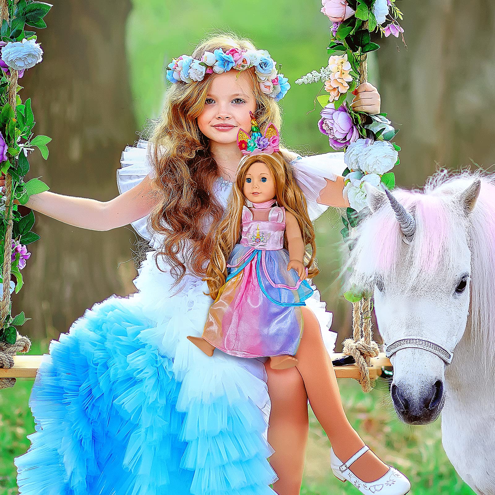 WONDOLL doll wearing unicorn outfit on 18-inch doll, demonstrates quick dressing.