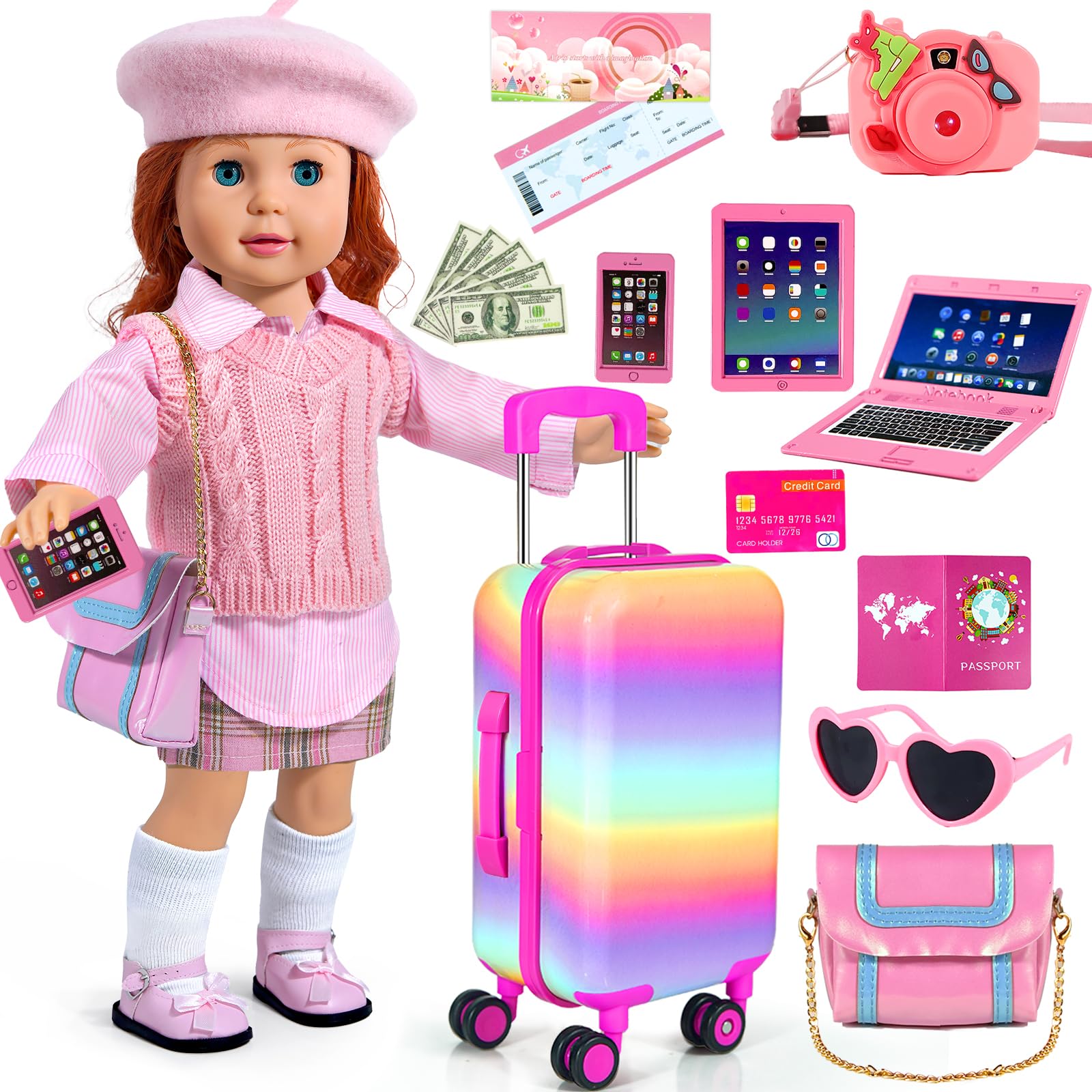 WONDOLL travel suitcase for 18-inch dolls with rotating wheels and durable design.