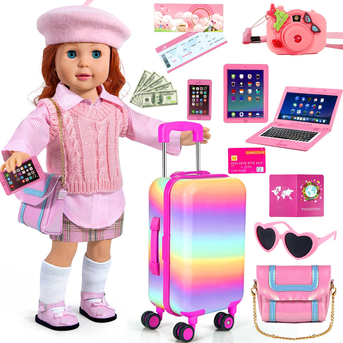 WONDOLL travel suitcase for 18-inch dolls with rotating wheels and durable design.