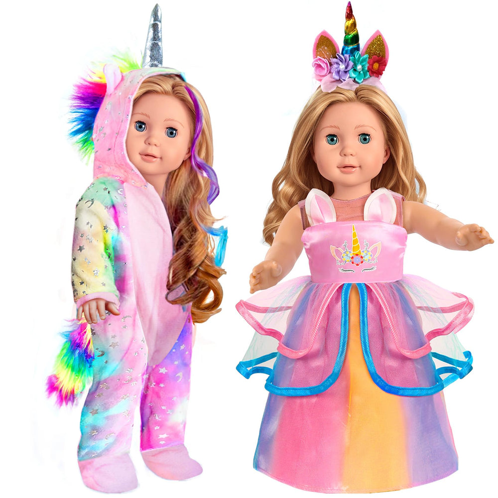 WONDOLL unicorn dress set for 18-inch dolls in pink, ideal for imaginative play.