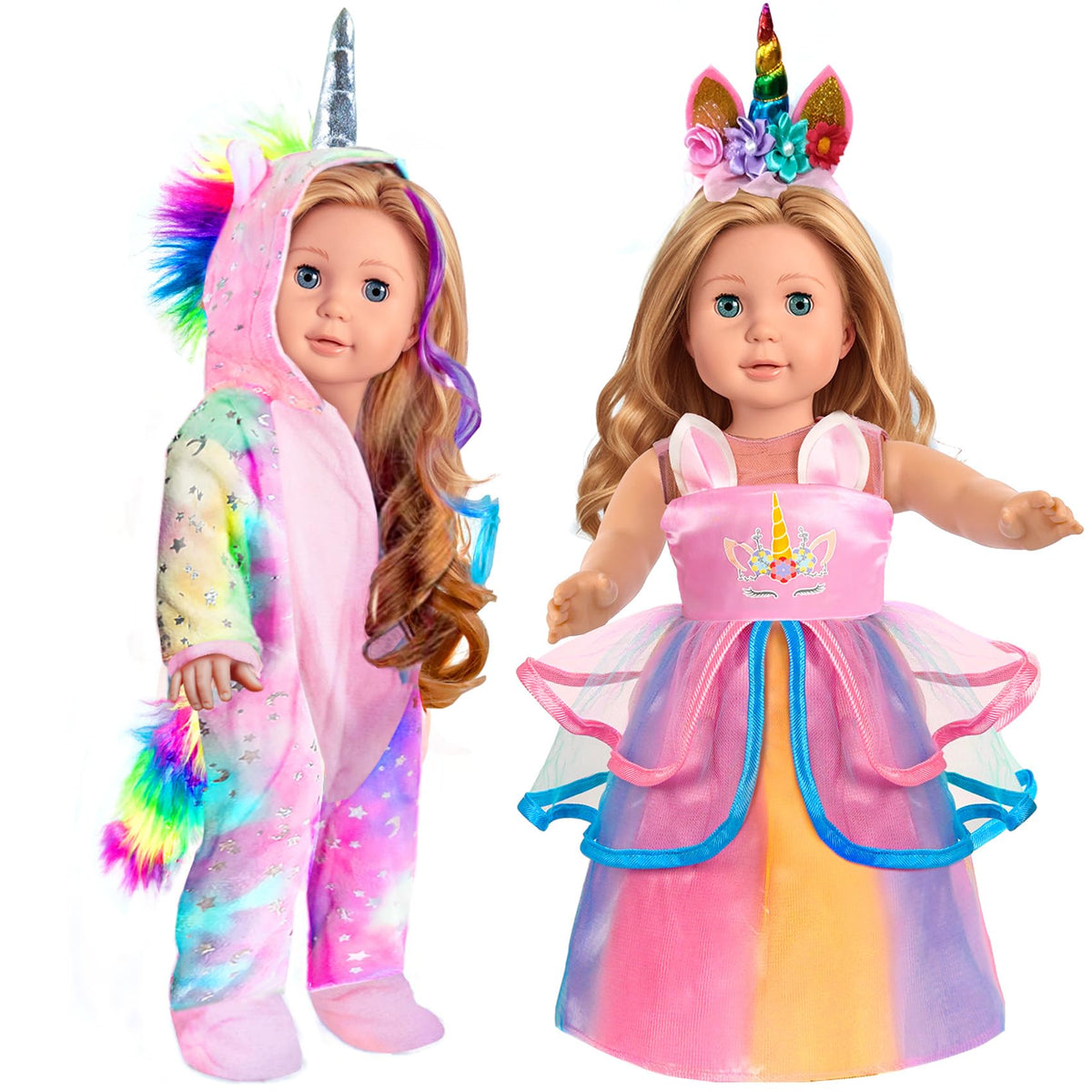 WONDOLL unicorn dress set for 18-inch dolls in pink, ideal for imaginative play.