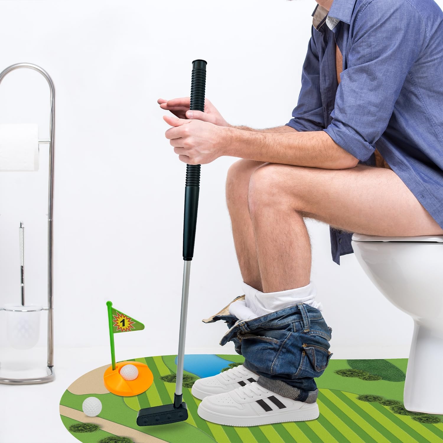 Wondrus Toilet Golf cup with flag creates a realistic hole setup.
