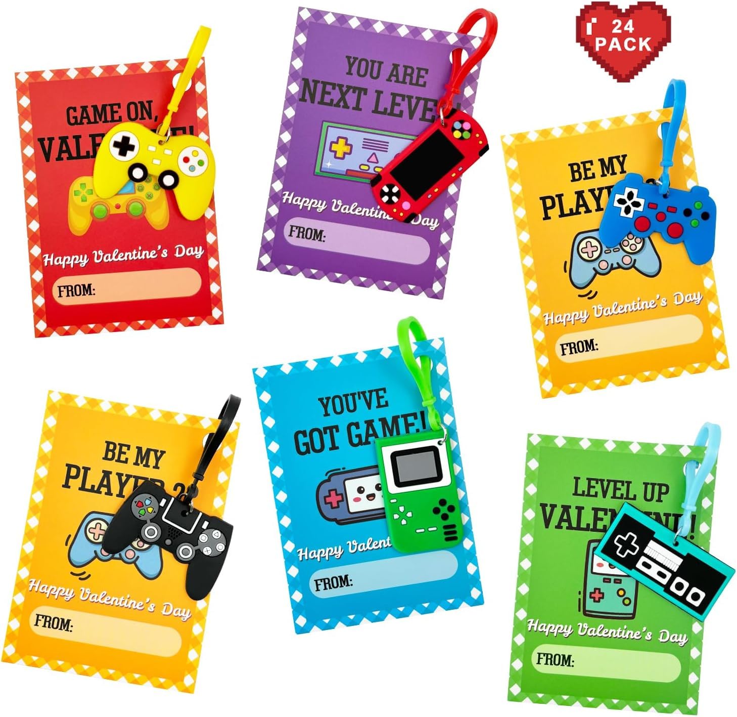 Wondrus valentines video game keychains 24-pack for classroom exchanges