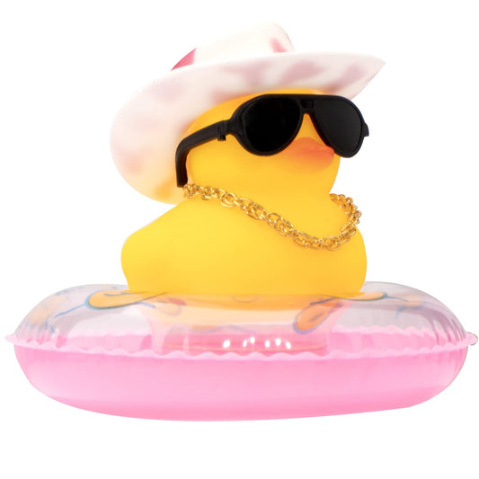 Wonuu car duck yellow dashboard decor with sun hat for playful driving ambiance.