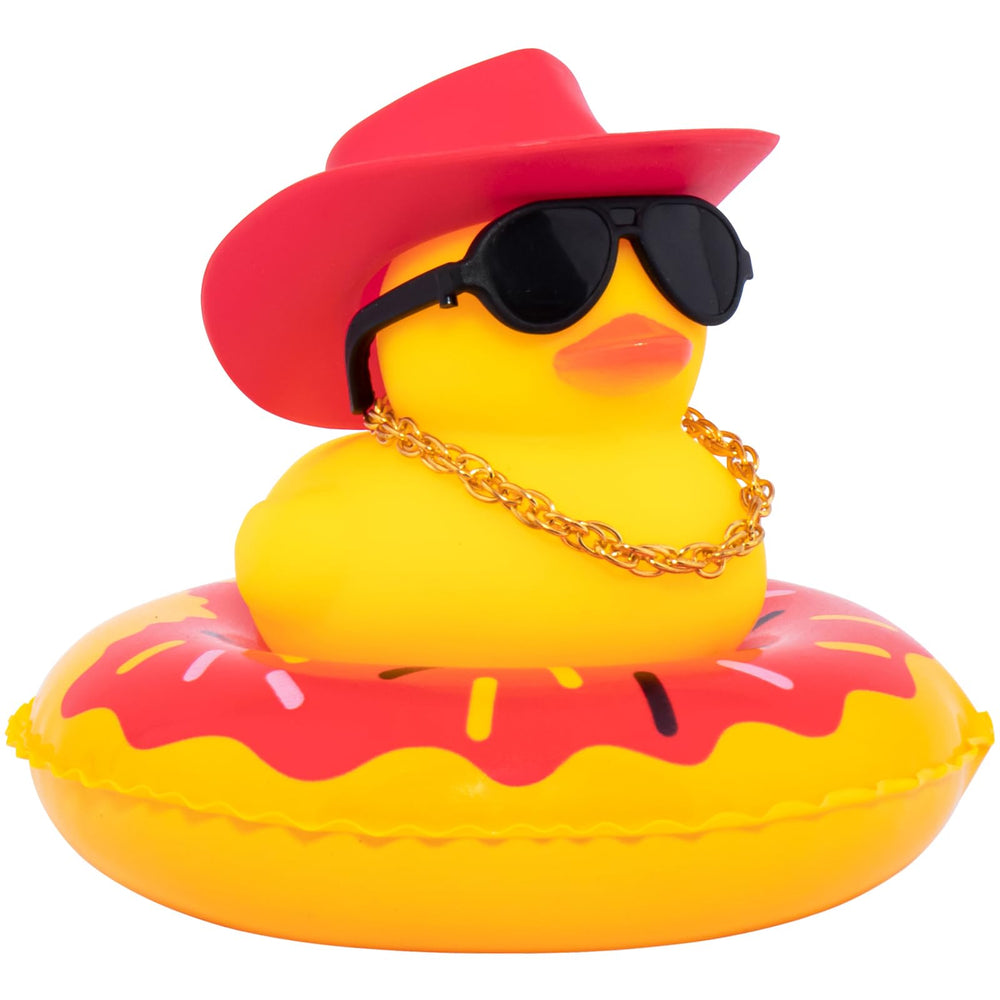 Wonuu car duck with yellow hat and sunglasses enhances car decor and playful vibe.