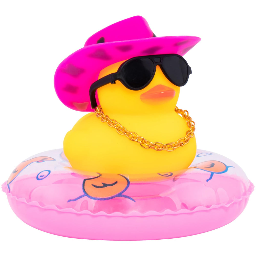 Wonuu car duck with yellow hat and sunglasses adds playful dash decor.
