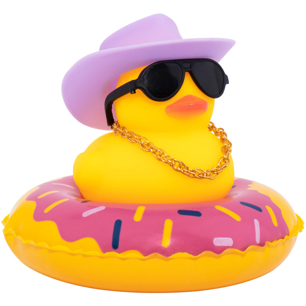 Wonuu car rubber duck with sun hat on dashboard for cheerful decor.