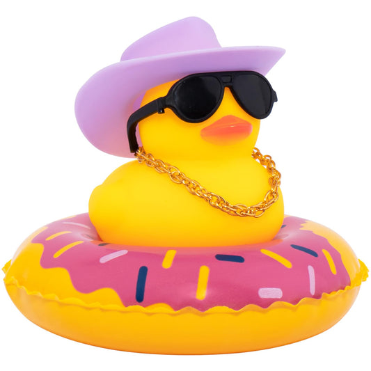 Wonuu car rubber duck with sun hat on dashboard for cheerful decor.