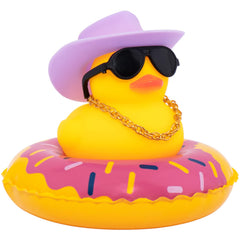 Wonuu car rubber duck with sun hat on dashboard for cheerful decor.