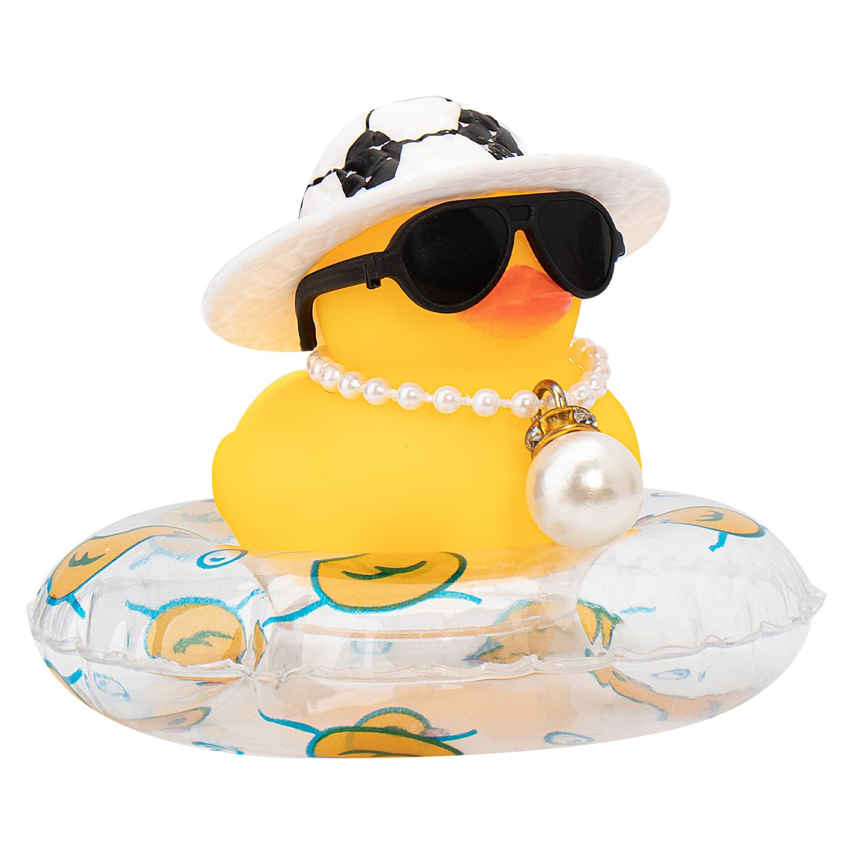 wonuu car rubber duck with sun hat and sunglasses adds playful dashboard flair