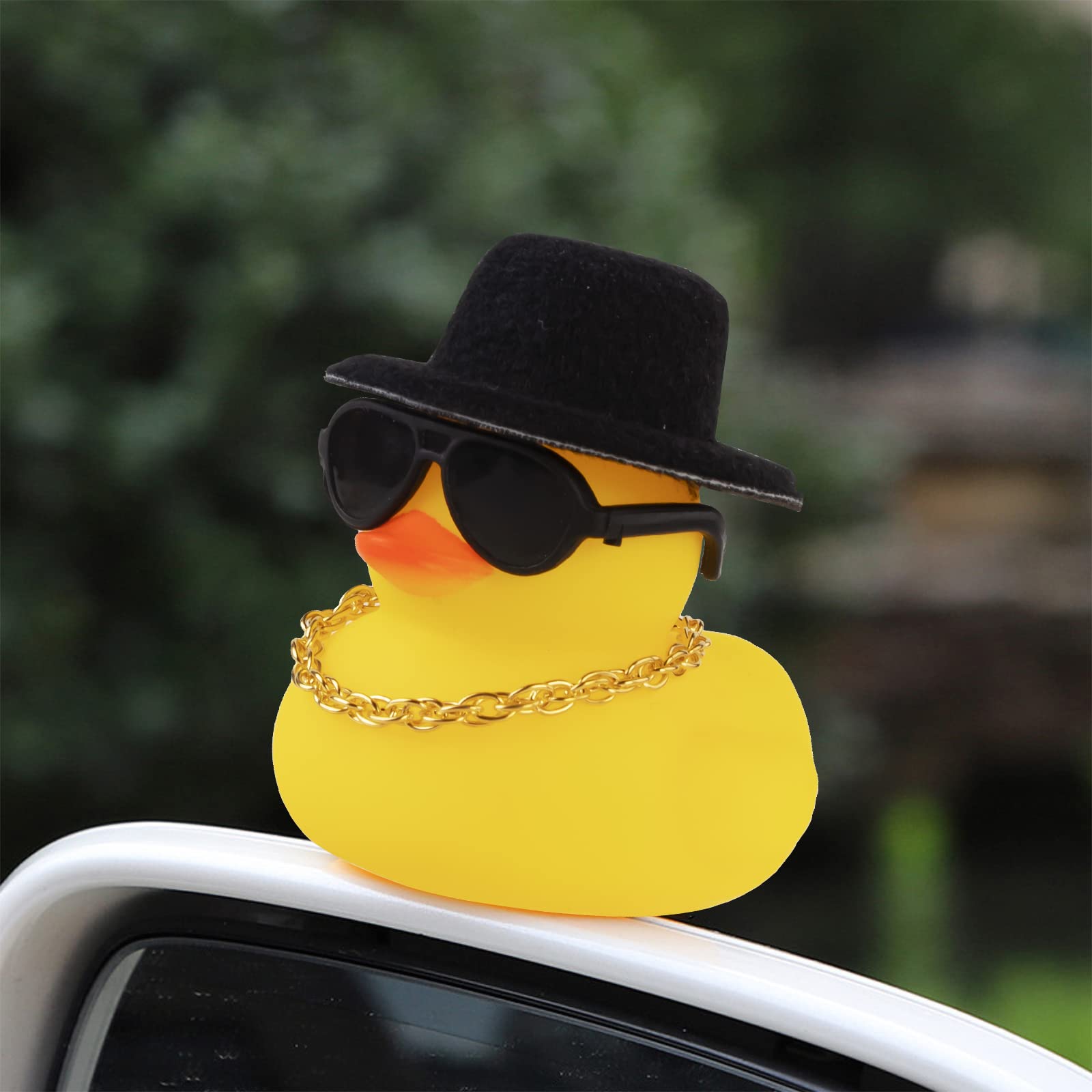 Wonuu duck wearing sun hat creates charming dashboard decor.