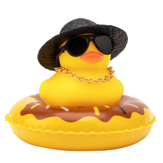 Wonuu car rubber duck with mini hat adds playful dashboard charm.