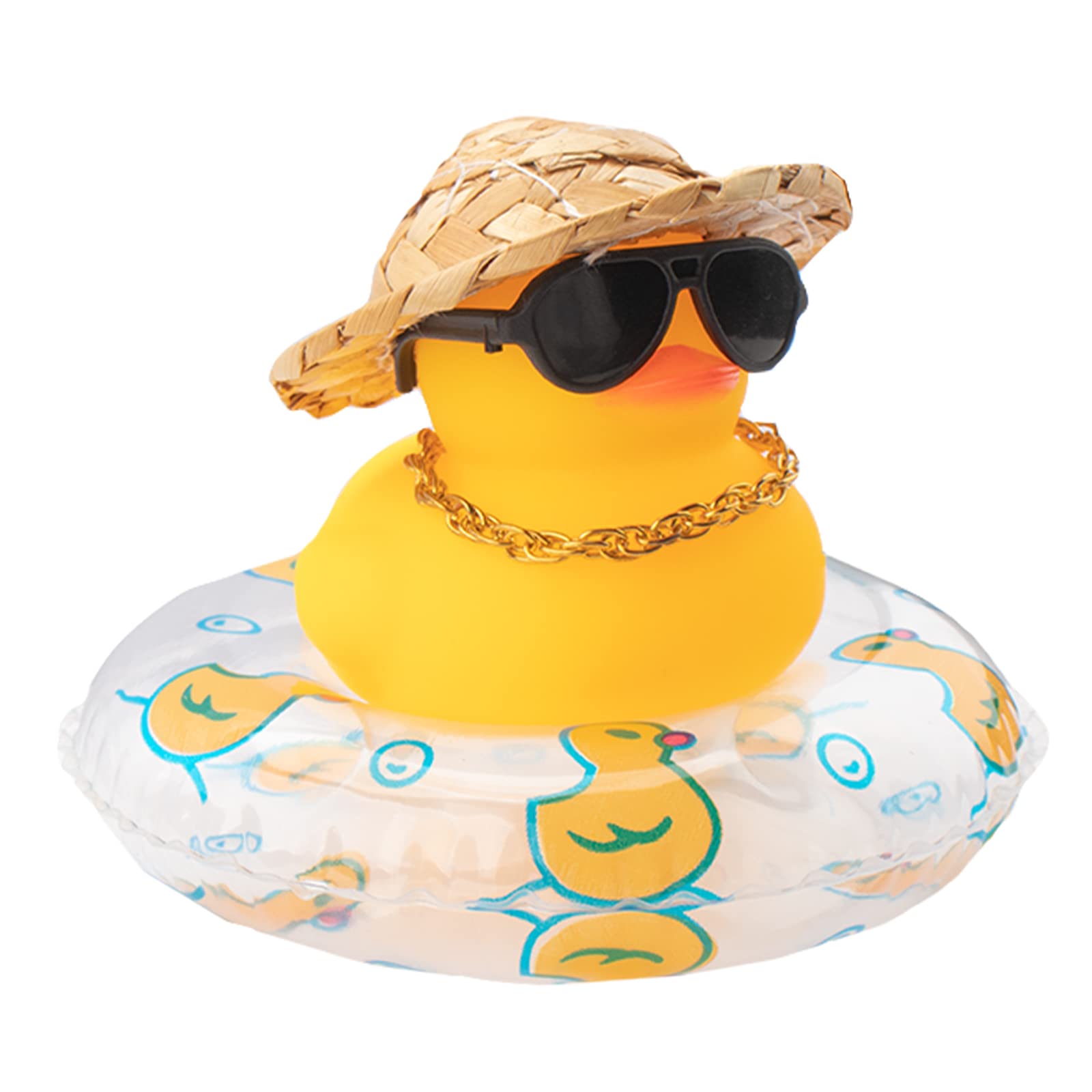 Wonuu car rubber duck with straw hat and sunglasses adds playful dashboard charm.