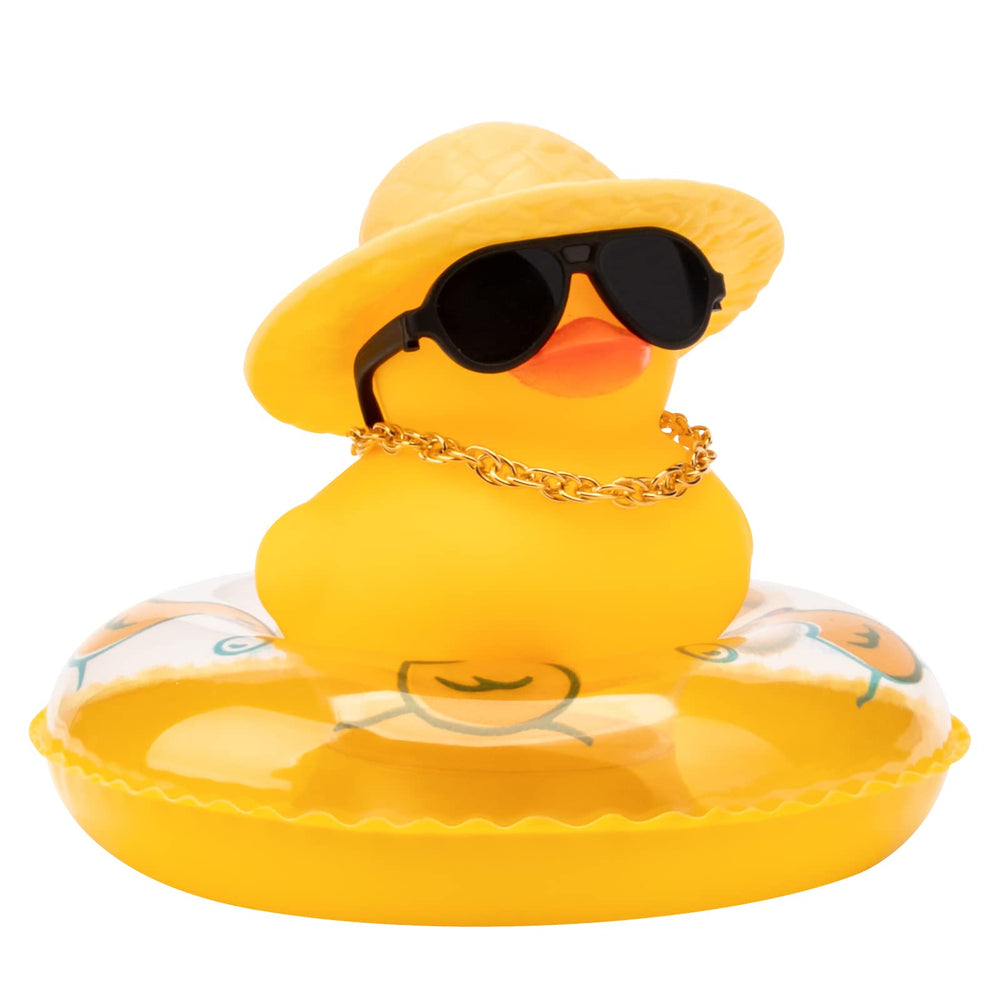 wonuu car rubber duck with sun hat and sunglasses on dash, stylish decor
