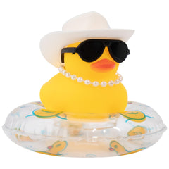 Wonuu car rubber duck with yellow hat and sunglasses for playful dashboard decor.