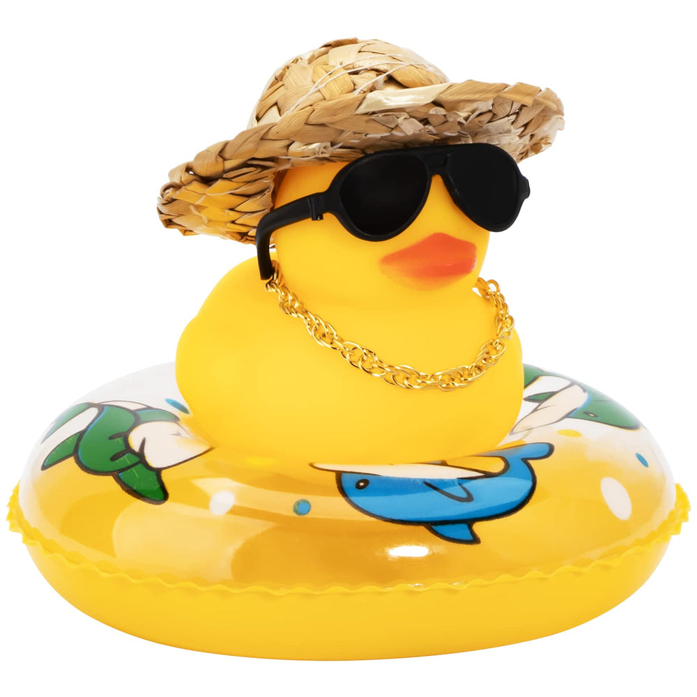 Wonuu car rubber duck with yellow hat and sunglasses on dashboard for style