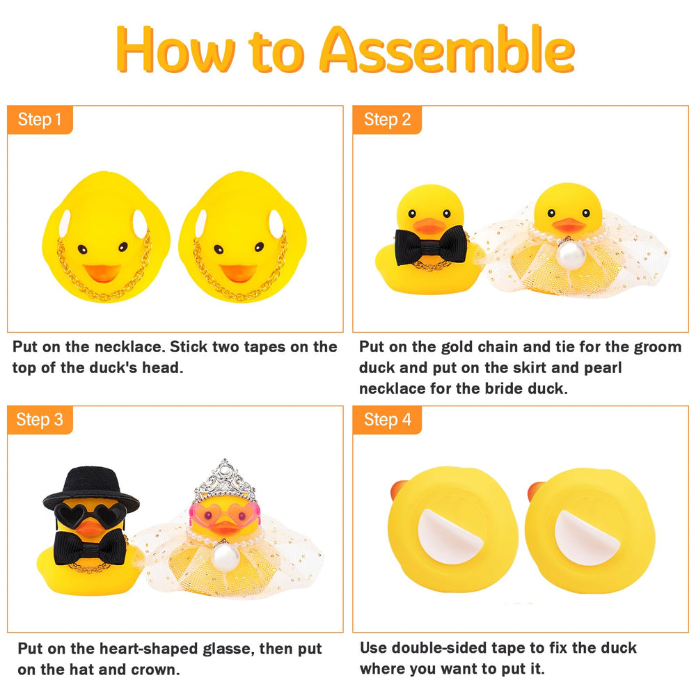 wonuu ducks include crown, veil, skirt, and bow tie