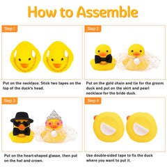 wonuu ducks include crown, veil, skirt, and bow tie