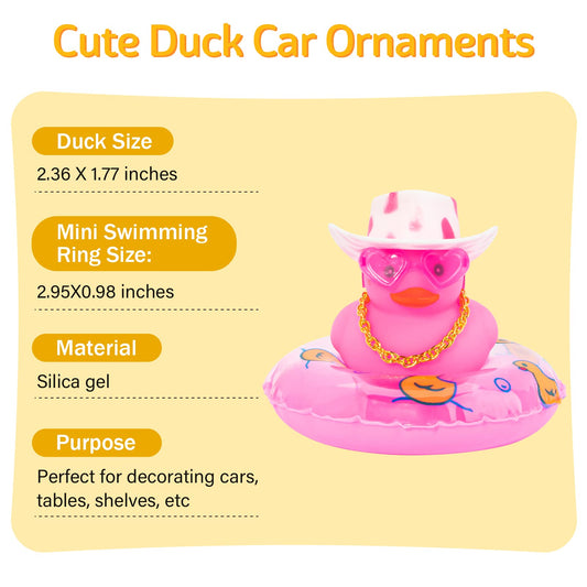 wonuu pink rubber duck wearing a pink cowboy hat on a car dashboard