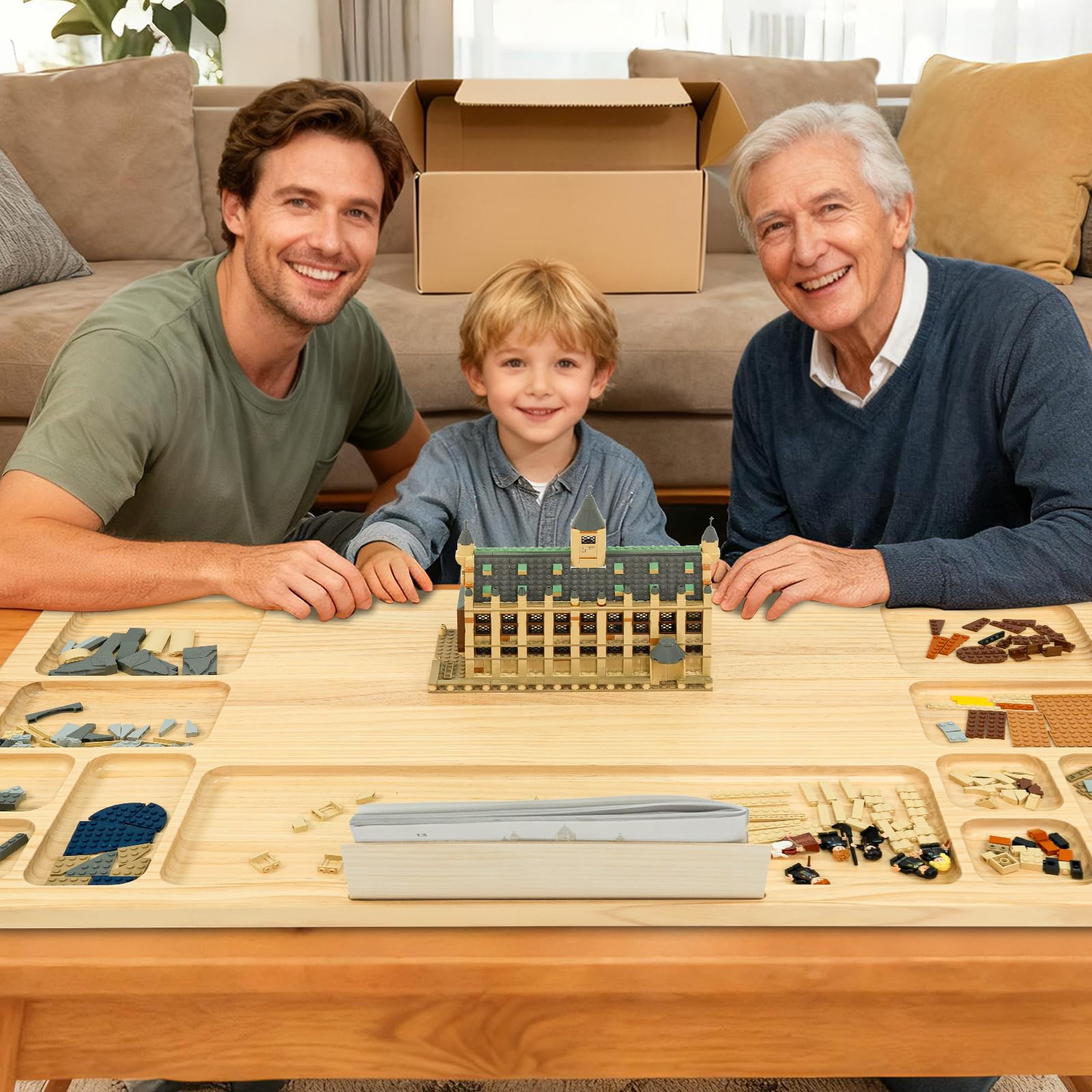 Wood City Baseplate Table includes 11 trays for sorting and organizing pieces