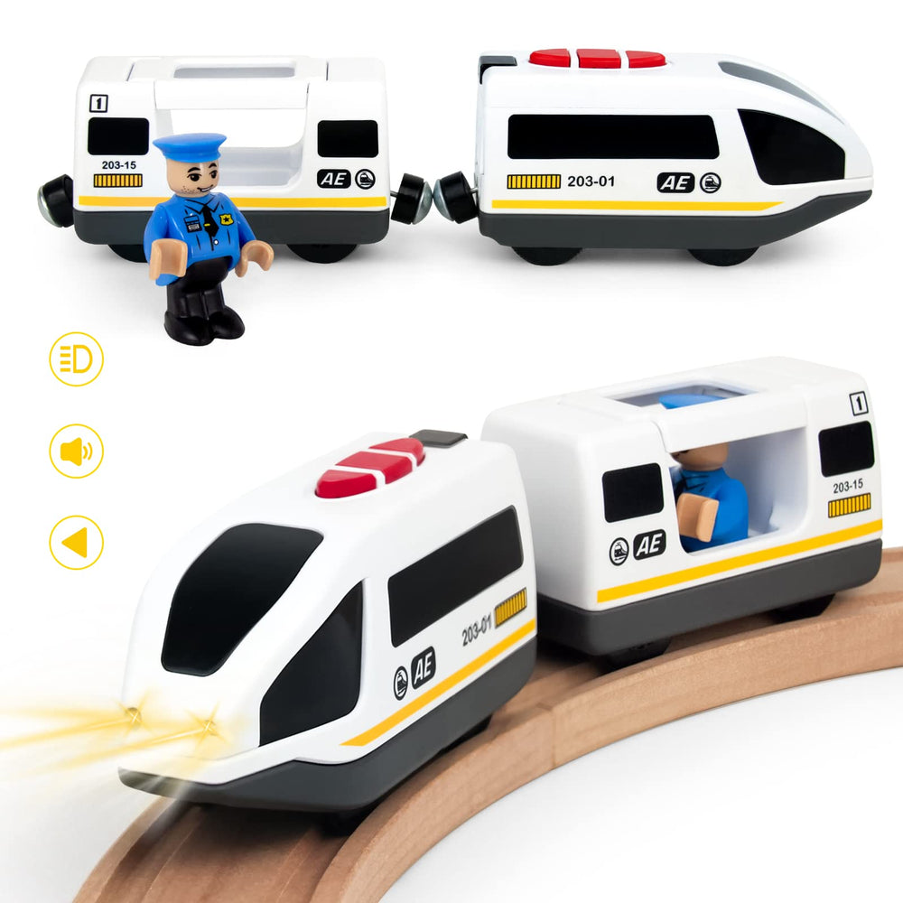 WOOD CITY battery operated train with front lights on wooden track for imaginative play