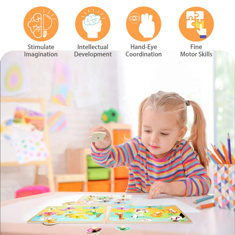 Wood City Shapes Puzzle with shapes promotes pattern recognition for toddlers.