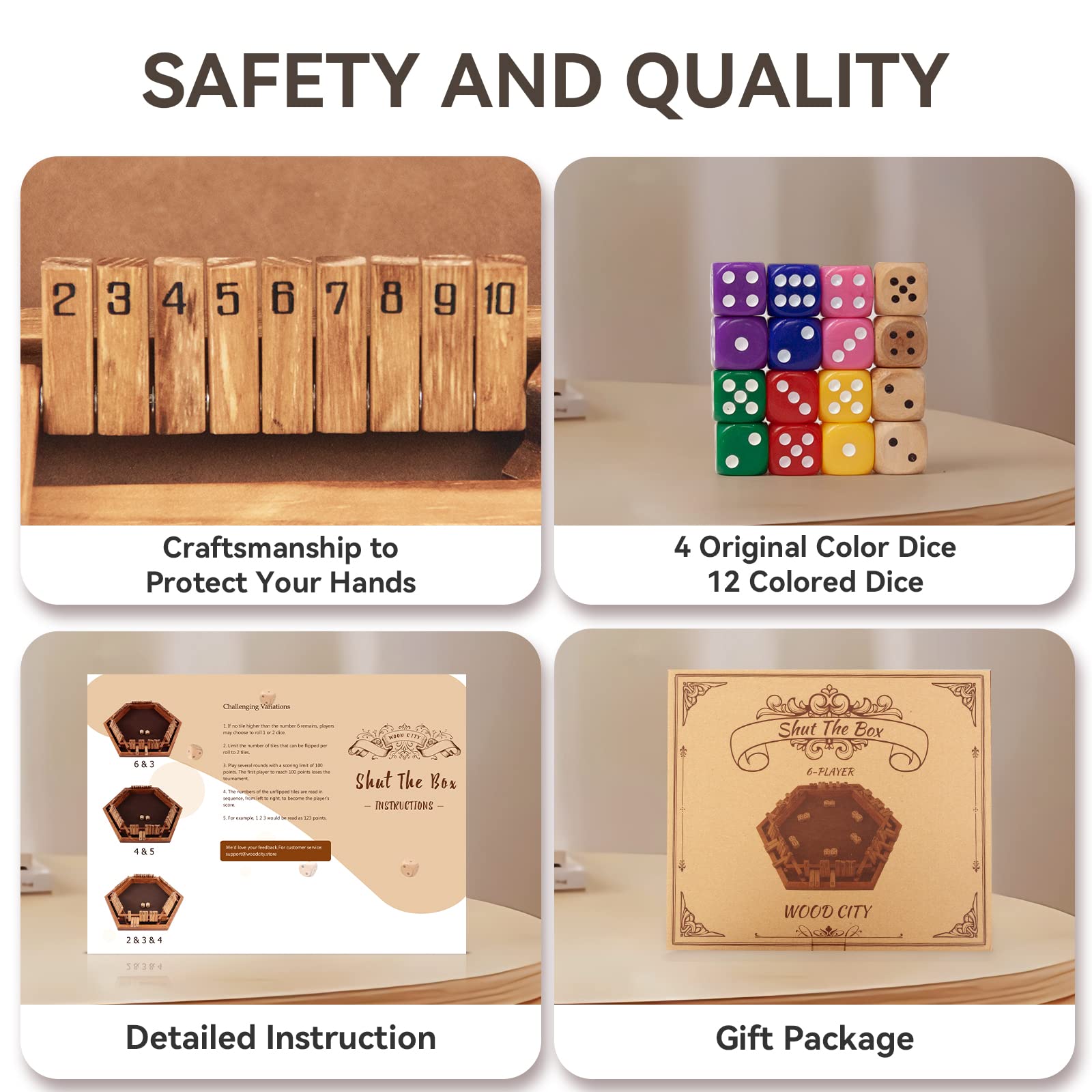 WOOD CITY Shut The Box 6-players setup demonstrates inclusive group play.