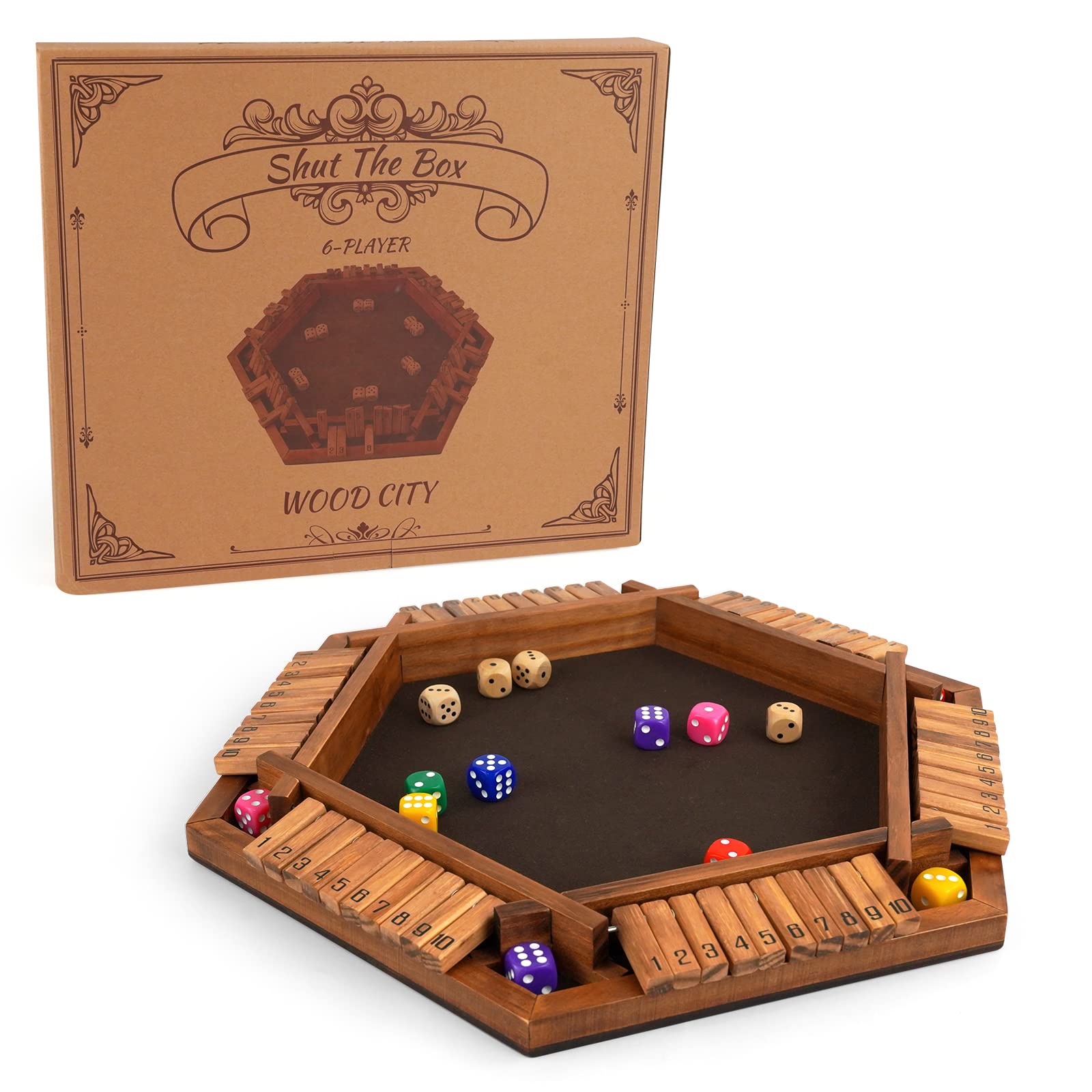WOOD CITY Shut The Box board with felt surface for quiet, focused play.