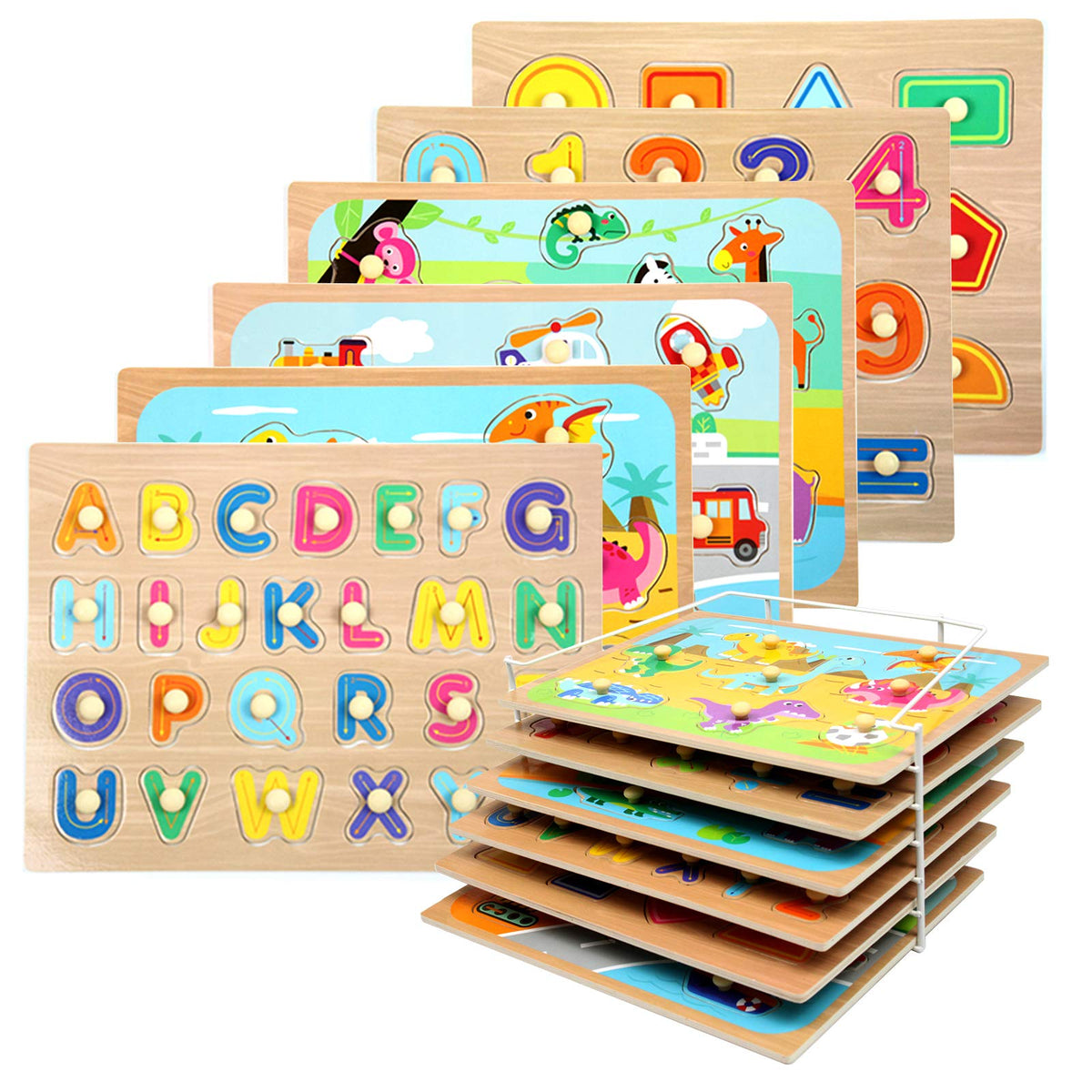 Wood City Toddler Puzzles with storage rack for organized playtime.