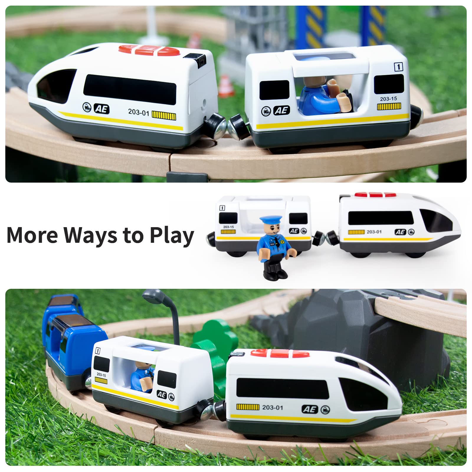 WOOD CITY train on wooden track set ready for creative adventures