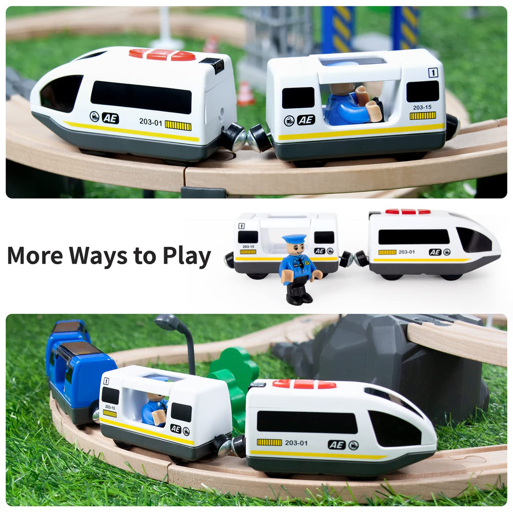 WOOD CITY train on wooden track set ready for creative adventures