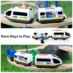 WOOD CITY train on wooden track set ready for creative adventures