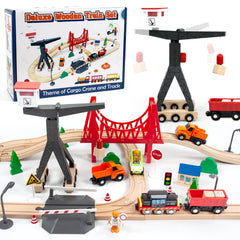 WOOD CITY wooden train set with tower crane for immersive cargo play