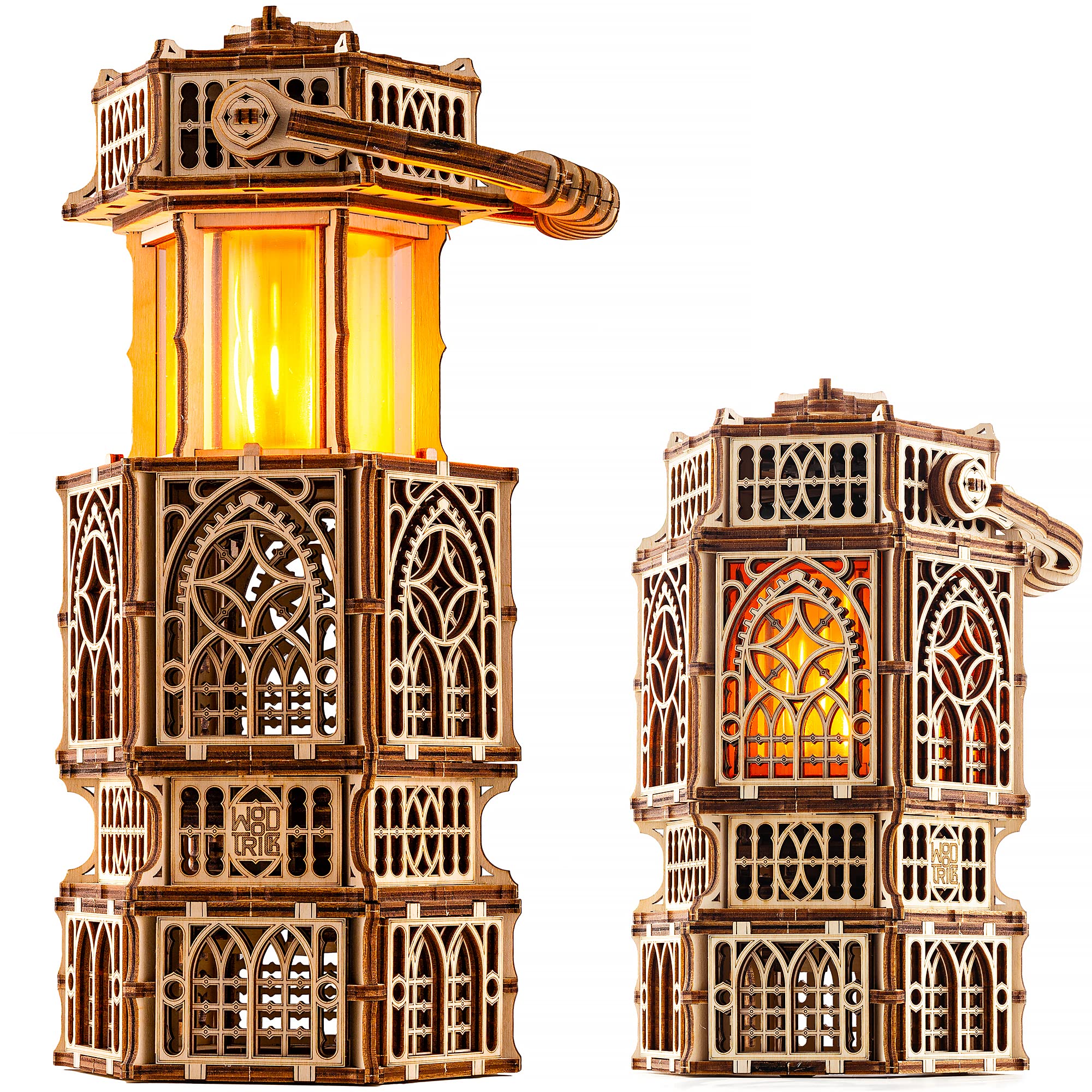 Wood Trick Antique Lantern assembly view highlights interlocking wooden pieces for focused building