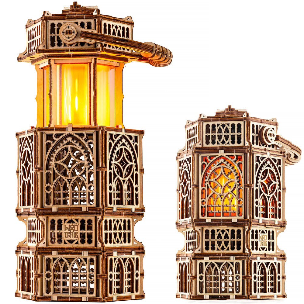 Wood Trick Antique Lantern assembly view highlights interlocking wooden pieces for focused building