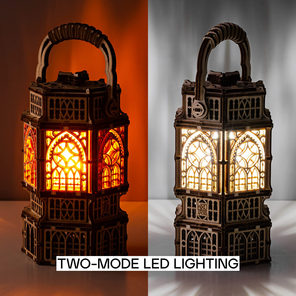 Wood Trick Antique Lantern flicker-light close-up captures warm, fire-like ambience