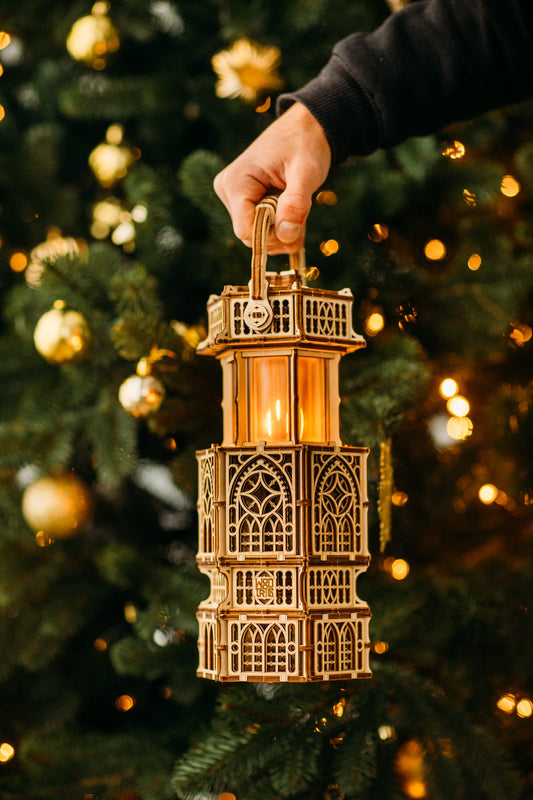 Wood Trick Antique Lantern LED light detail shows steady white illumination for display