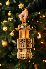 Wood Trick Antique Lantern LED light detail shows steady white illumination for display