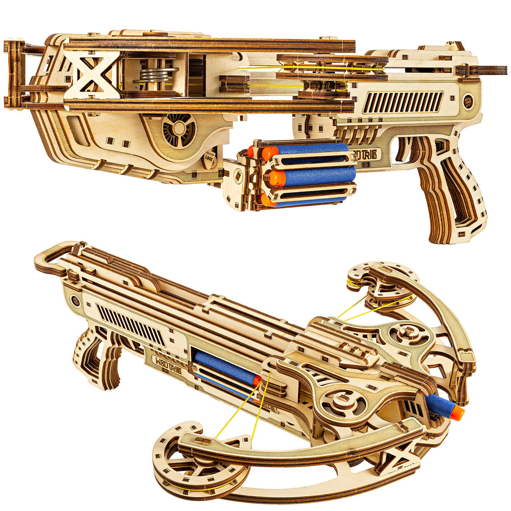 Wood Trick Bullet Boltcaster crossbow kit box highlights wood construction and DIY excitement.