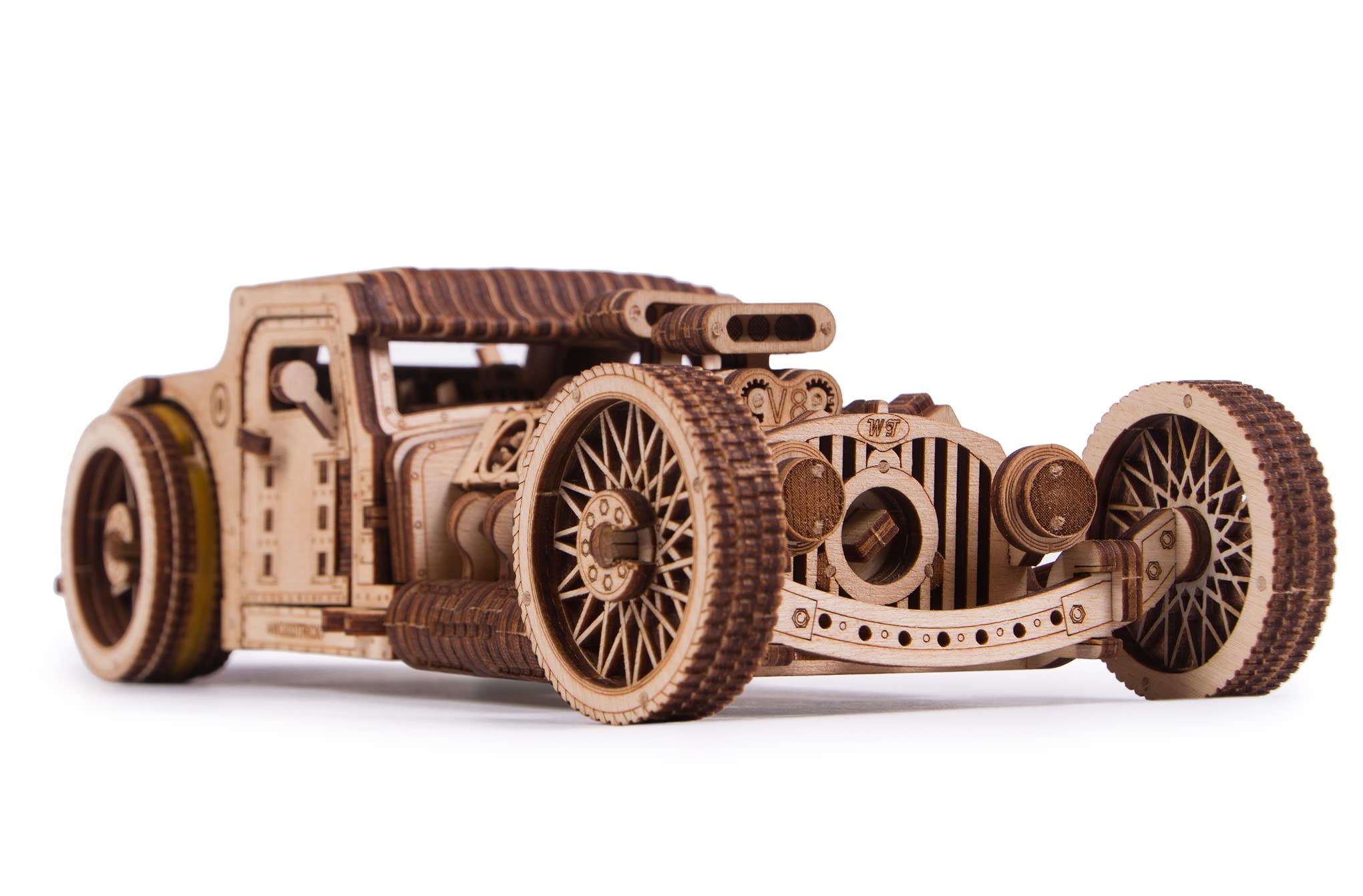 Wood Trick Hot Rod wooden model kit with step-by-step guide for easy assembly