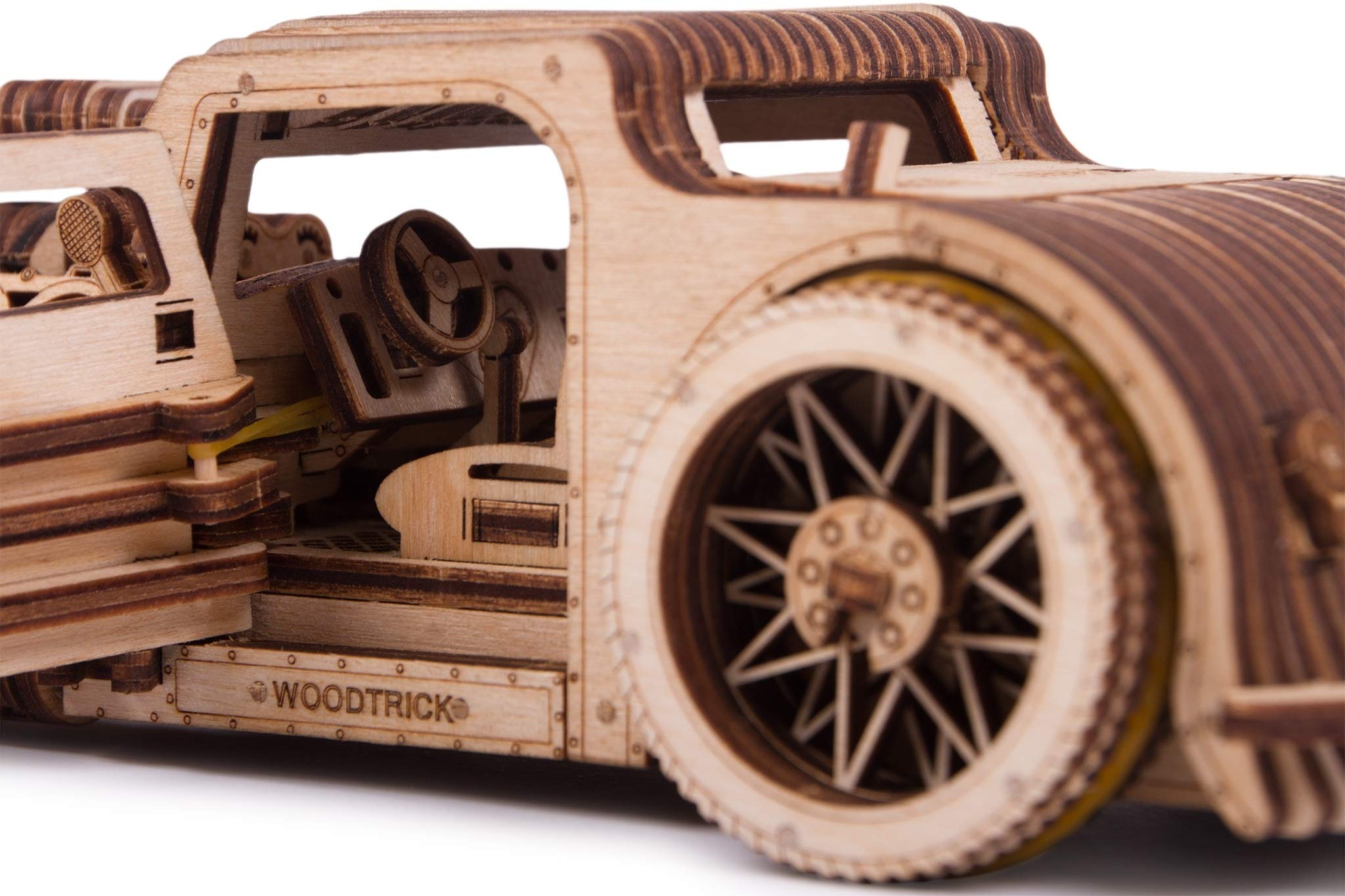 Detailed design close-up of Wood Trick Hot Rod model