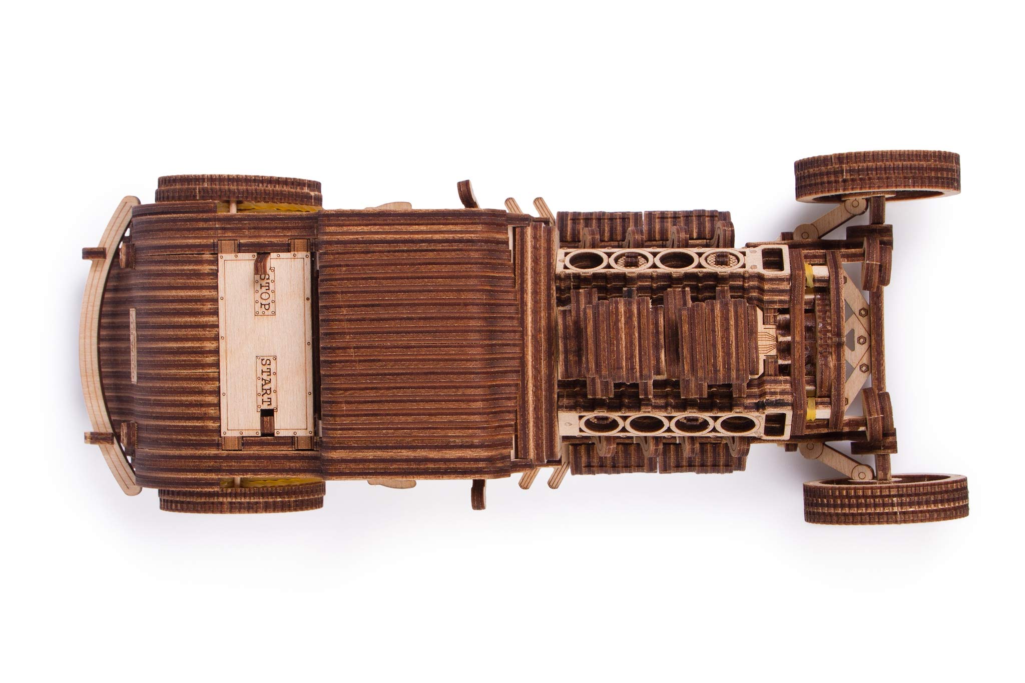 Progress shot of Wood Trick Hot Rod being assembled, encouraging focus