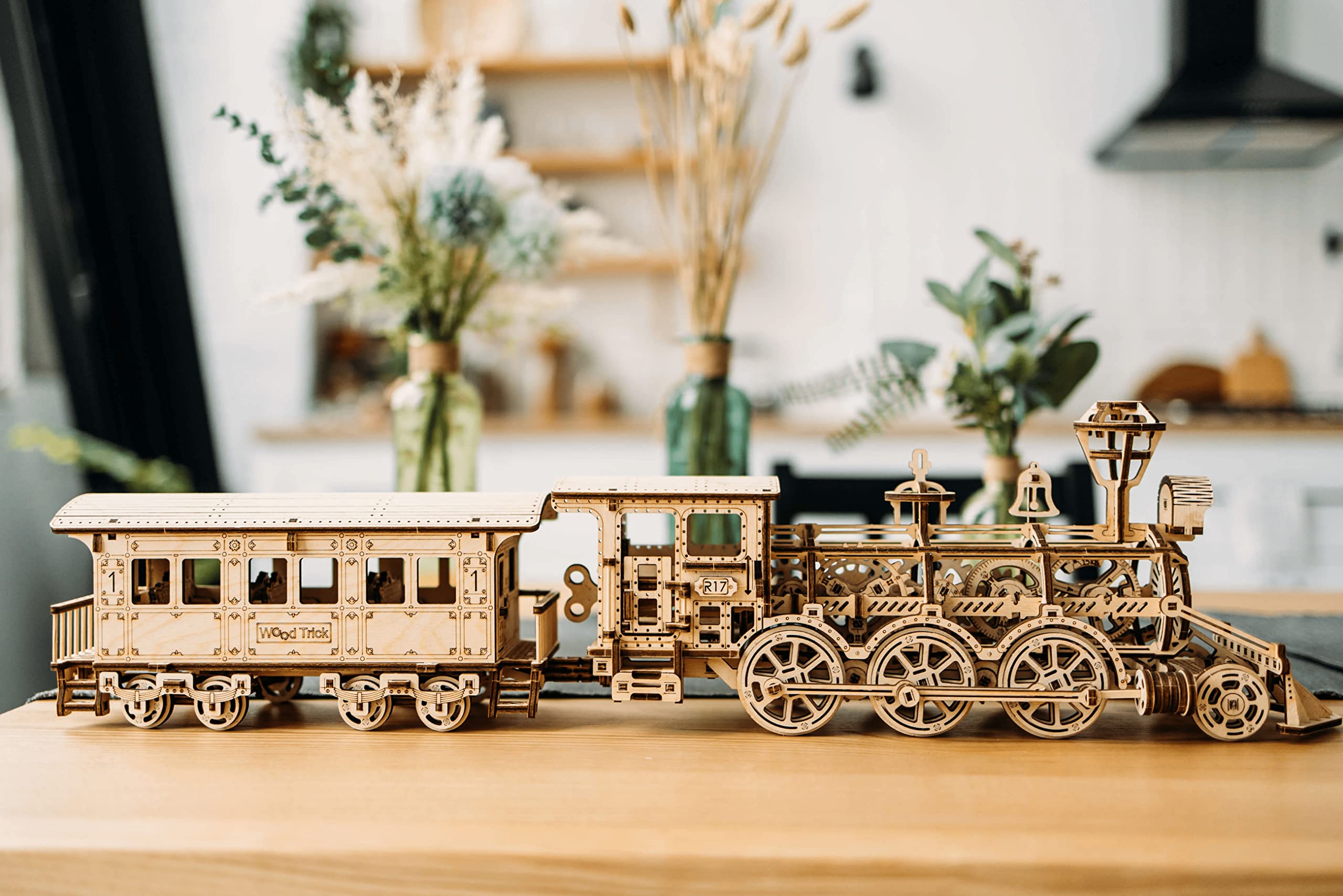 Wood Trick locomotive front detail emphasizes sturdy wood and precise craftsmanship.