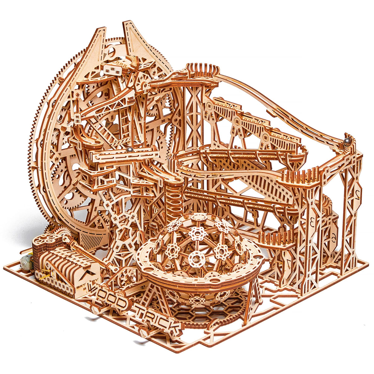 Wood Trick marble-run-electric-motorized overview shows kinetic motion for curious minds