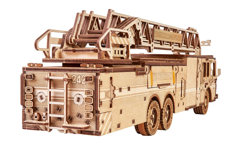 Wood Trick Rescue Firetruck ladder rotate shows rotating mechanism for realistic action.